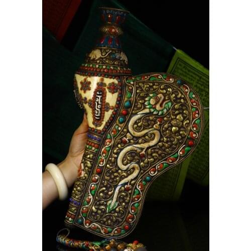 18" Tibet temple collection Old Natural conch mosaic Gem Dzi Bead Dragon statue Law Conch Ornaments Town House Exorcism