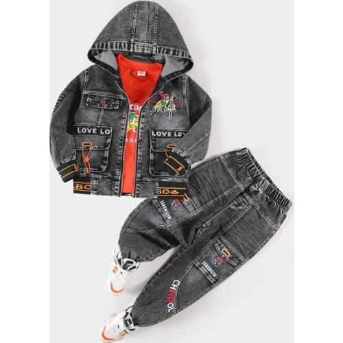 IENENS Kids Clothes Sets Baby Boys Girls Clothing 3PC Denim Coat + Tees + Jeans Outfits Child Embroidery Jacket Suits