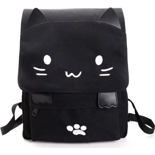 Cute Cat Canvas Backpack Cartoon Embroidery Backpacks For Teenage Girls School Bag Casual Black Printing Rucksack Mochilas