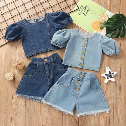 1-6 Y Fashion Girls Clothes Denim Set Casual Two-piece Solid Color Short Puff Sleeves Crop Tops and Wide-leg Shorts