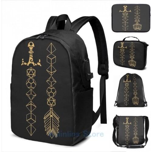 Funny Graphic print Polyhedral Dice Set Sword and Arrow Tabletop RPG Gaming USB Charge Backpack men School Travel laptop bag