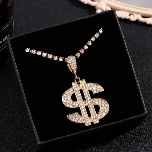 Punk Crystal Big Dollar Sign Rhinestone Necklace For Women Bling Big Money Dollar Tennis Chain Choker Statement Party Jewellery