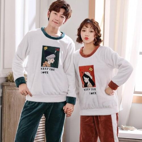 Pajamas Sets Women Thick Soft Flannel Cartoon Fashion Men Long Sleeve Sleepwear Suit 2 piece Sexy Winter Home Couple Lounge Gift