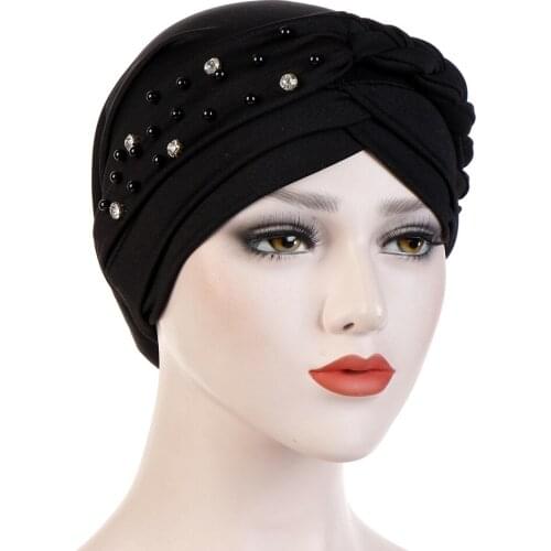 Glitter Diamonds Braid Turban Cap For Women Muslim Beads Turban Bonnet Forehead Cross Inner Hijab Caps Female Islamic Head Wrap