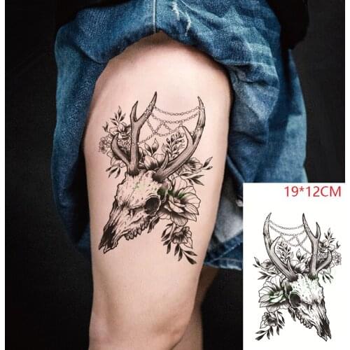Waterproof Temporary Tattoo Stickers Goat Skull Horn Flower Head NecklaceFake Tatto Flash Tatoo Body Art for Women Men