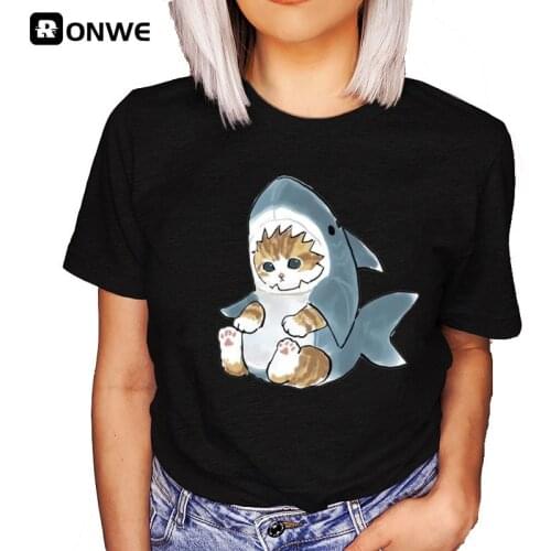 Cat Shark Funny Women Cartoon Y2K T shirt Female 90s Summer Clothing Girl Fashion Black T-shirts,Drop Shipping