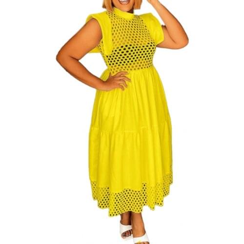 Yellow Party Dresses For Women Casual Hollow Out See Through Sexy Sleeveless Long Dresses Summer New Fashion A-line Maxi Dresses