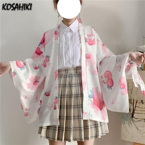 KOSAHIKI Women Tops Summer Kimono Ulzzang Harajuku Kawaii Top Shirt Japanese Strawberry Print Blouse Woman Fashion Cardigan