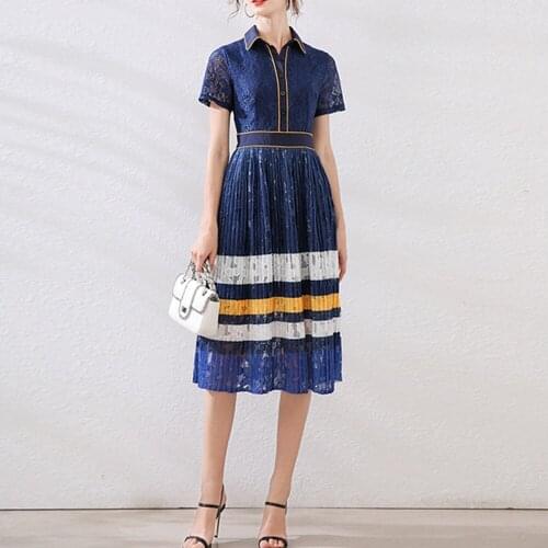 Runway Patchwork Lace Dress 2021 New Summer Short Sleeve Vintage Elegant Work Casual Slim Sexy Party Dresses for Women Vestidos