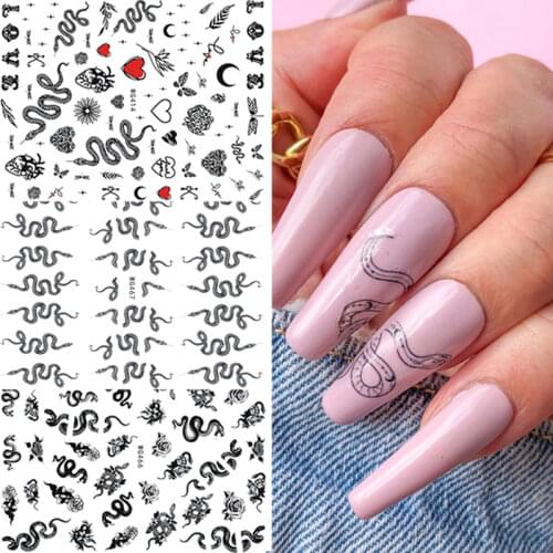 Black Animal 3D Nail Stickers Dragon Snake Flower Design Water Sliders Nails Art Transfer Decals Decorations Tips Manicure