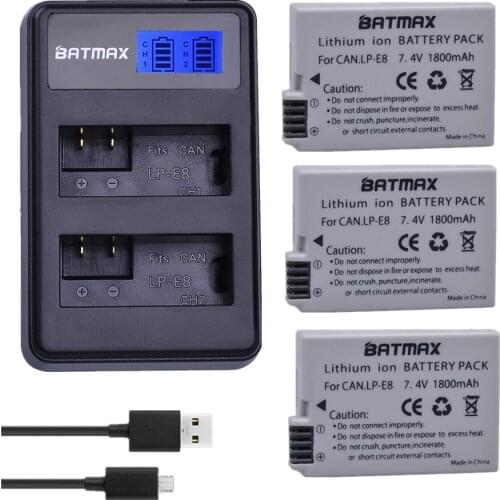3pcs LPE8 LP-E8 LP E8 Camera Batteries+ LCD Display USB Charger for Canon EOS 550D 600D 650D 700D Rebel T2i T3i T4i T5i Kiss X4