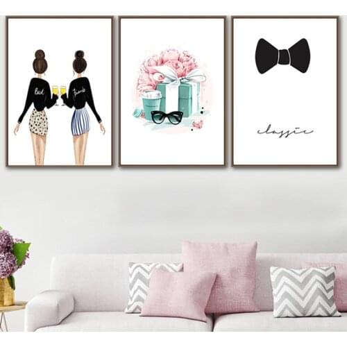 Home Decor Wall Art Canvas Painting Fashion Girl Glasses Flower Gift Bow Picture Prints Nordic Watercolor Poster Modular Bedroom