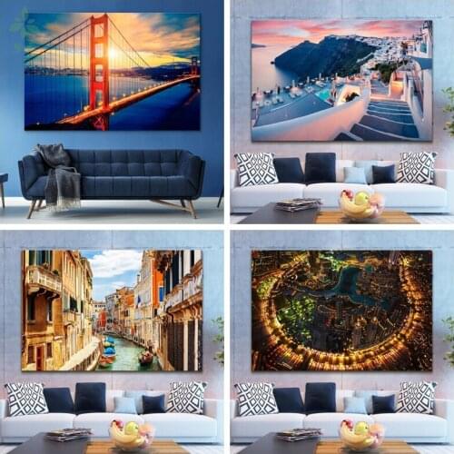 Dubai Poster Skyscrapers City Golden Gate Bridge Landscape Panoramic Oil Painting Home Decor