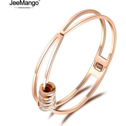 JeeMango Romantic Stainless Steel Movable Circles Cubic Zirconia Cuff Bangles Bracelets Lovers Jewelry Chirstmas Gift JB18065