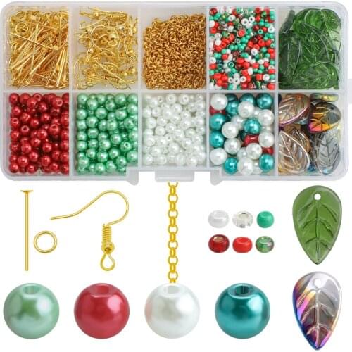 Red/Green/White Glass Pearl Gold Alloy Hooks Chain Crystal Leaf Beads For Christmas Ornaments DIY Crafts Earring Xmas Decoration