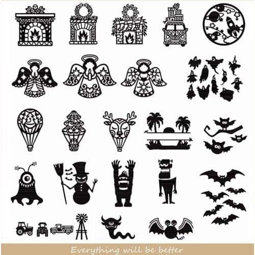 Metal Cutting Dies Lace Halloween Deer Bat Monster Snowman Angel Fireplace Car Ghost Template Scrapbook Craft Making Cards New