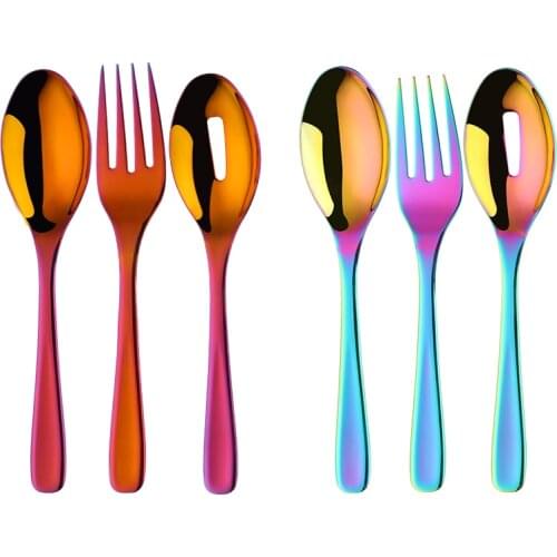 Colorful 18/8 Stainless Steel Rainbow Flatware Big Size Long Handle Serving Salad Spoon/Fork/Colander Salad Set Kitchen Utensils