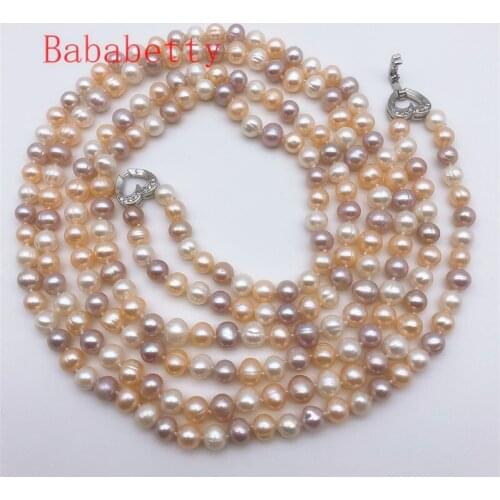 New 2ROW Natural Freshwater Pearl 7-8MM White Multicolor Pearl Necklace Sweater Chain 75CM