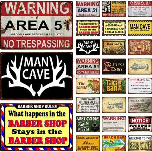 Retro Warning Area 51 Metal Sign Welcome To The Beer Cave Vintage Wall Art Tiki Bar Man Cave Plaque Home Decor Painting 6Oo-4