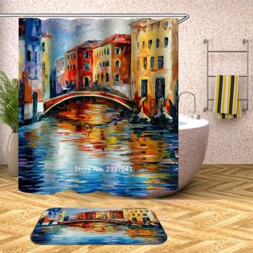 Retro Garden House Watercolor European Water Town Red Heart Waterproof and Mildew Proof Shower Curtain Bathroom Decoration