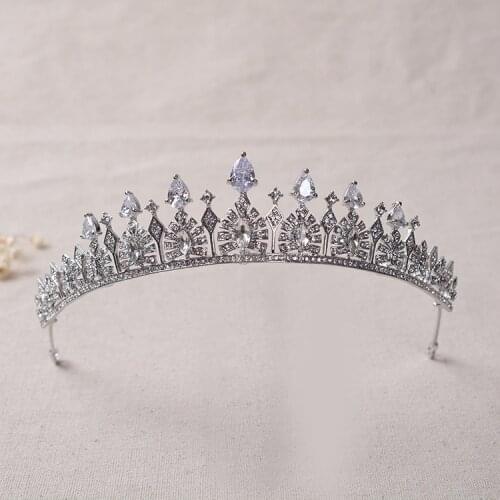 SLBRIDAL Silver Color Crystal Rhinestones Cubic Zircon Wedding Tiara CZ Bridal Queen Princess Pageant Crown Bridesmaids Women