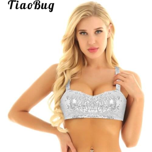 TiaoBug Shiny Sequins Wide Shoulder Straps Bralette Nightclub Party Pole Dance Costume Festival Rave Bra Women Sexy Crop Tops