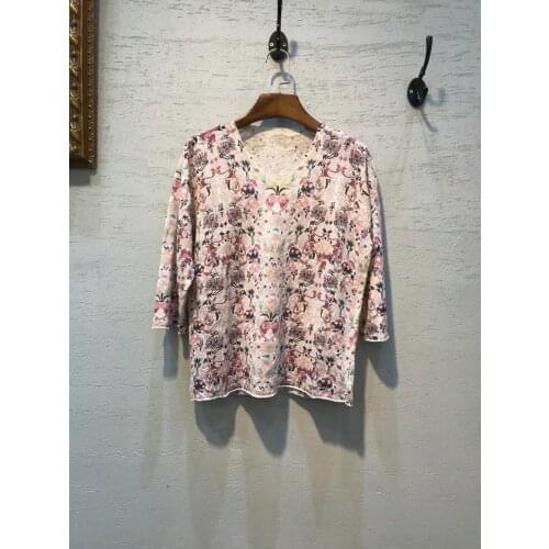 NEW Floral Print tops tee V neck half sleeves Linen Fashion Tops Woman2021 SS