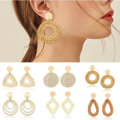 Trendy Women Female Fashion Earings Handmade DIY Retro Rattan Bamboo Basket Dangle Earrings for Holiday Beach Casual
