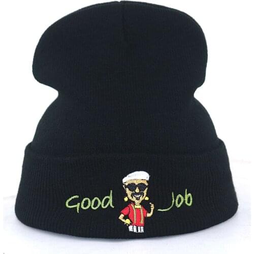 Good job embroidery cartoon knitted beanies for autumn winter men women fashion beanie hat cotton soft ski knitted cap