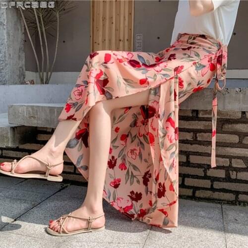 New Summer Print Floral Skirt Women Sexy Split Beach Long Skirt Bandage Adjustable Bodycon Jupe Femme Flower Wrap Skirt 7 Colors