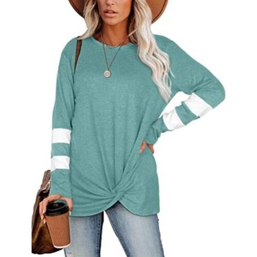 Women Fashion Loose Round Neck Stripe Knotted Long Sleeve Casual T-shirts Shirts Tops