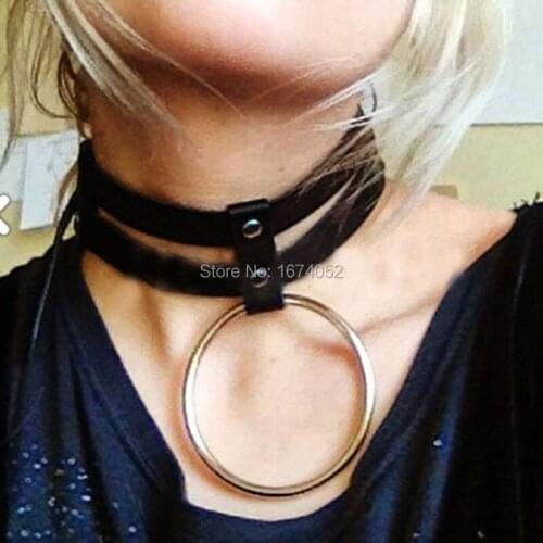 Unique Trendy Women Girl 100% Handcrafted Leather Choker O Round 2 Row Straps Bondage Collar Fetish Necklace