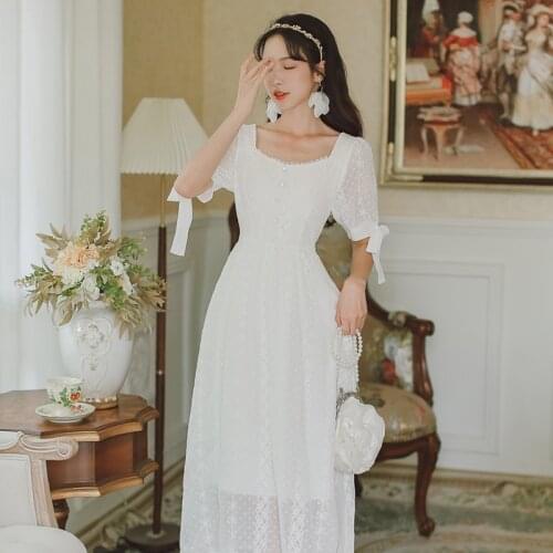 Fairy Dress 2021 Summer French First Love Ladies Lace Square Neck Elegant Chic Bow Sweet Gentle White Dresses Short Sleeve