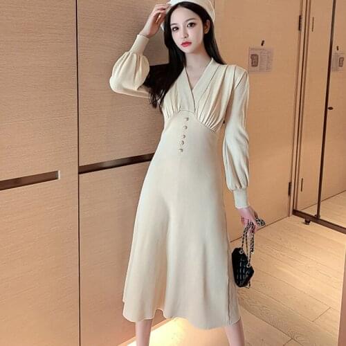 LJSXLS Autumn Elegant Solid Knitted Dresses Mid-Calf Button Sexy V neck Winter Slim Party Female Sweater Dress Vestido De Mujer