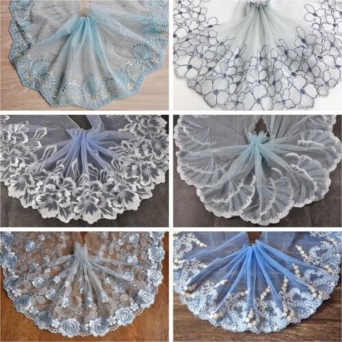 2m Wide Blue Mesh Embroidery Lace Fabric Trims Flower DIY Clothing Cuffs Corsage Neckline Underwear Sofa Material Accessories