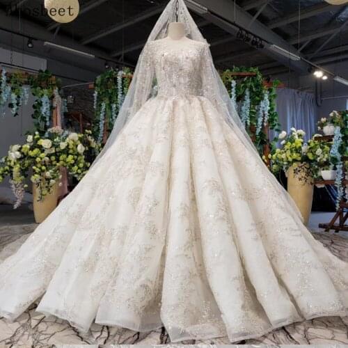 Exquisite Beads Top Ball Gown Wedding Dress Long Sleeve 2021 New Shining Lace 200CM Train Scoop Neck Lace Up Back