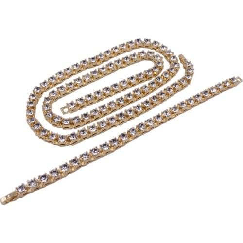 6mm big size wide Iced out bling crystal 1 row tennis chain necklace and bracelets jewelry set hiphop mens chain rapper golden