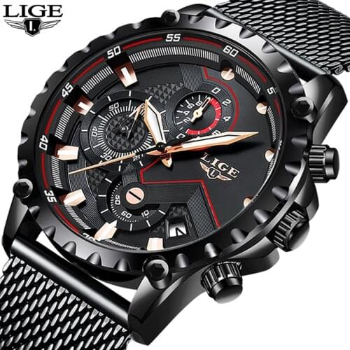 2020 LIGE Black Casual Mesh Belt Fashion Quartz Gold Watch Mens Watches Top Brand Luxury Waterproof Clock Relogio Masculino+box