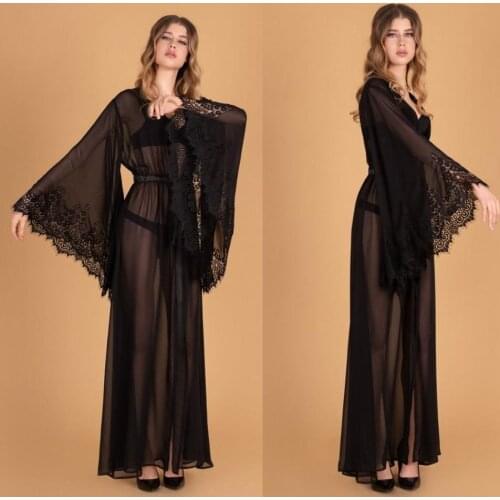 Black Sexy Bridal Robes Women Sleepwear Honeymoon Lingerie Robe Long Sleeve Bathrobe Nightwear Babydoll Dress Boudoir