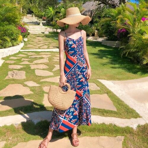 Long Chiffon Women Straps Dress Blue Summer Ethnic Bohemian Party Vacation Dress Elegant Tropical Beach Sundress Runway 2020 New