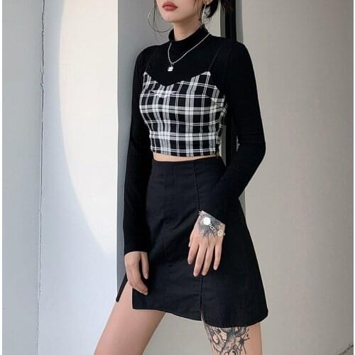 Women Two Piece Outfits Set Streetwear Fall Solid Color Long Sleeve Mock Neck Crop Top Spaghetti Strap Plaid Print Camisole Suit