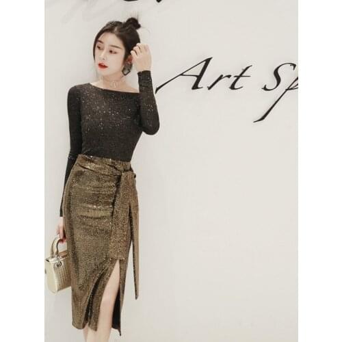 Plus Size Gold Winter Elegant Two Piece Set 2020 for Woman Long Sleeve Sequin Blouse and Split Bodycon Bandage Skirt Ladies Suit