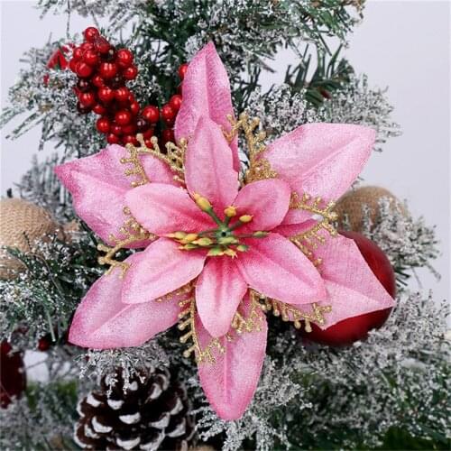 Artificial Flowers For Decoration Glitter Poinsettia Fake Flowers DIY Home Wedding Decoration Flower Head Christmas 2pcs/pack