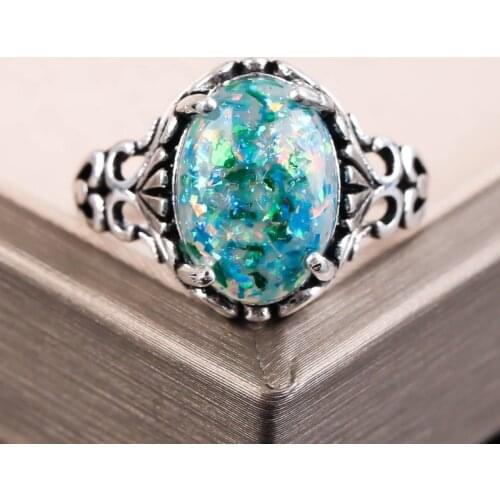 Classic Green Opal Wedding Ring For Women Vintage Hollow Carved Pattern Silver Color Rings Couple Jewelry Women Men Party Gifts