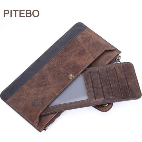 PITEBO Leather Long Wallet Mans Zip Wallet Cowhide Handbag Fashion Creative Business Card bag leisure business card box handy