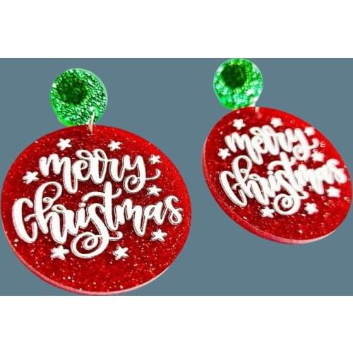 35mm Round Merry Christmas Dangle Earrings UV Printed Holiday Statement Red Glitter Acrylic Laser Cutting Earrings