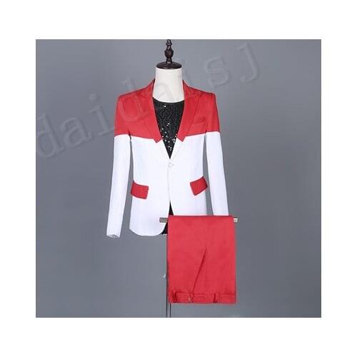 Freeship mens red and white patchwork jacket with pants club/stage performance/studio suit/asia size