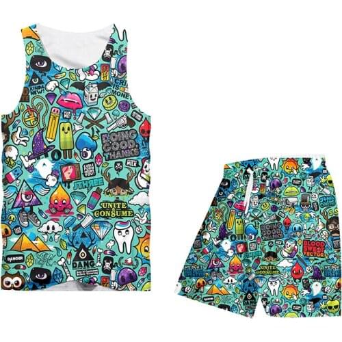 Summer Mens 2 Pieces Sets Graffiti 3D Printed Hip Hop Shorts And Shirts Y2K Streetwear Women Tracksuit Oversize Sportwear 6XL