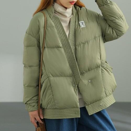 Solid Color Loose Women Winter Coat 90% Duck Down Filling Puffer Jacket Two Button V-neck Lightweight Down Jacket