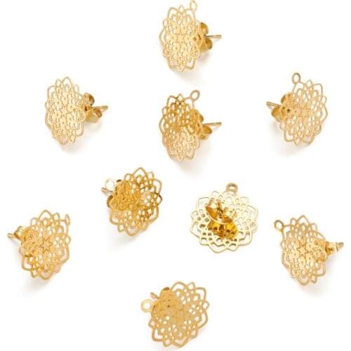 Pandahall 10pcs Stud Earring Findings Flower Charms for DIY Jewelry Making Earring with Loop Golden